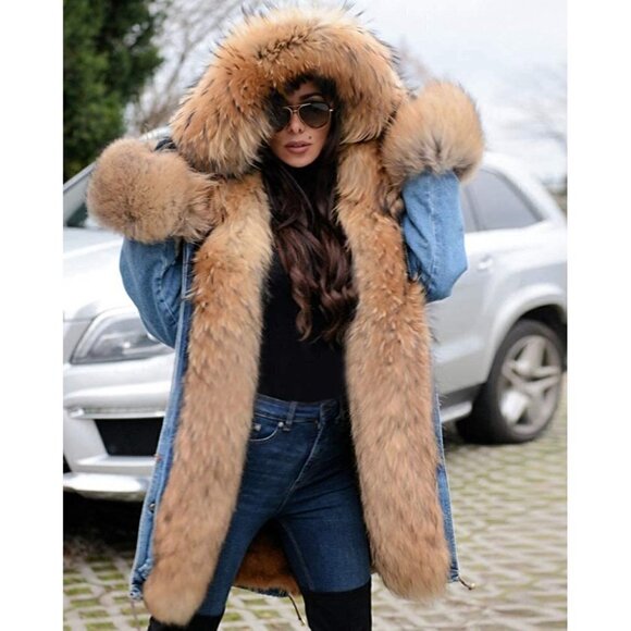 🆕 Hooded Fur Lined Warm Coat Jean Parka Outwear Winter Long Trench Jacket NWT - Picture 1 of 9